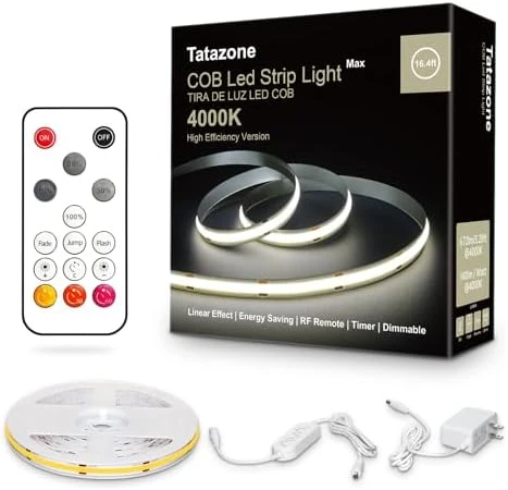 COB Led Strip Lights Max with RF Remote, 16.4ft 3000K CRI93+ Dimmable Ultra Bright Warm White — LED Strip Lights, Tatazone
