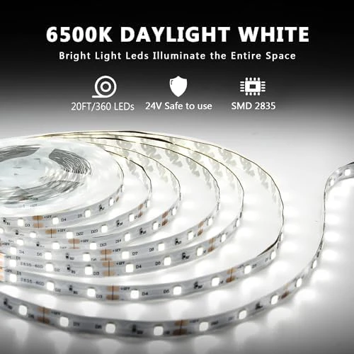White LED Strip Lights, 20ft Dimmable Super Bright 24V 6500K 360 LEDs — LED Strip Lights, dalattin