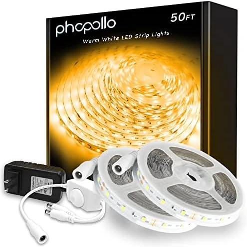 White LED Strip Lights, 100ft (2 Rolls of 50ft) Dimmable 6500K Daylight White LED Light Strip, 1800 LEDs Flexible LED... — LED Strip Lights, phopollo