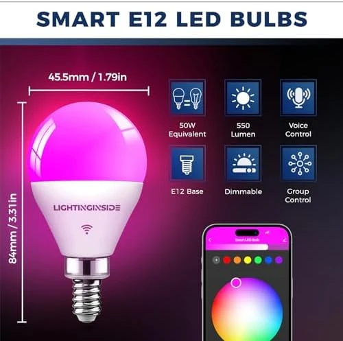E12 Smart Light Bulbs 50W Equiv., G16.5 RGBCW Candelabra Chandelier Ceiling Fan Smart Bulb — Smart Light Bulb, Lightinginside