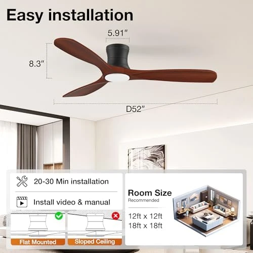 Smart Wood Flush Mount Ceiling Fan with Lights — Smart Fan, Hoenofly