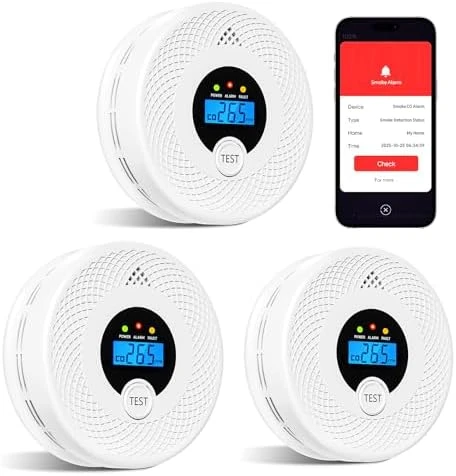 3-Pack Smart Smoke & CO Detector Combo with App Notifications — Radon Detector, Soewolit