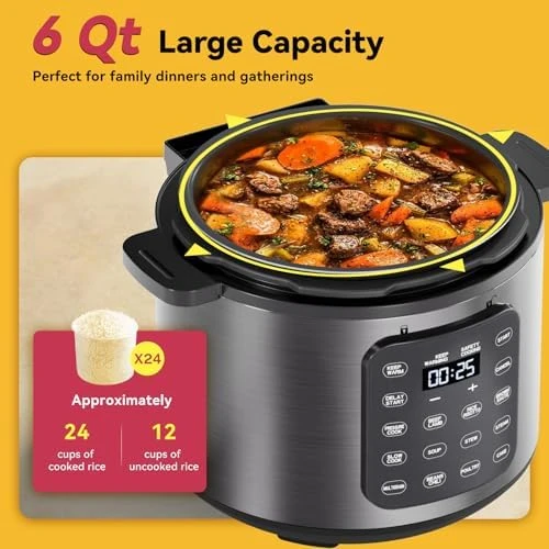 Electric Pressure Cooker 6 Quart Silver, Non-stick Pot, 9-in-1 Instant Pot, 12 Preset Functions with Touchscreen — Multicooker, Carori