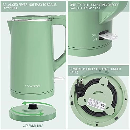 Electric Kettle Quiet, Double Wall Hot Water Boiler BPA-Free, Cool Touch, Cordless — Electric Kettle, COOKTRON
