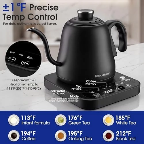 Gooseneck Electric Kettle with ±1°F Temperature Control — Electric Kettle, Visit the REXYHOME Store