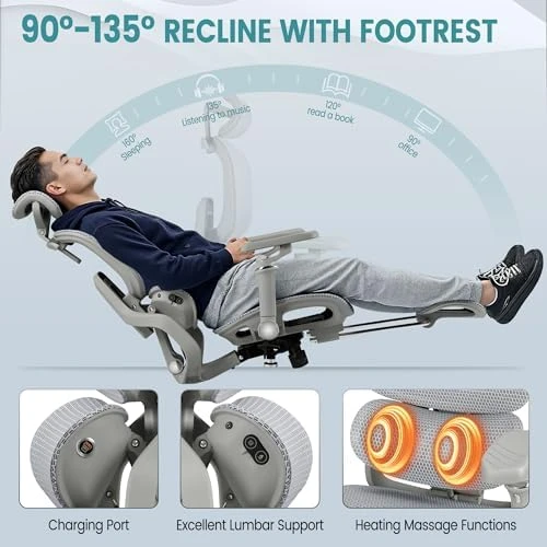 Ergonomic Office Chair with Massage and Heat, Reclining Mesh Chair with Footrest and 6D Armrest, Adjustable Headrest and... — Smart Chairs, JUMMICO