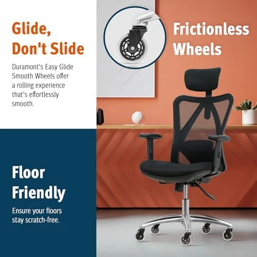 Ergonomic Office Chair with Rollerblade Wheels - High Back Breathable Mesh, 4D Lumbar Support, Memory Foam Seat — Smart Chairs, Duramont