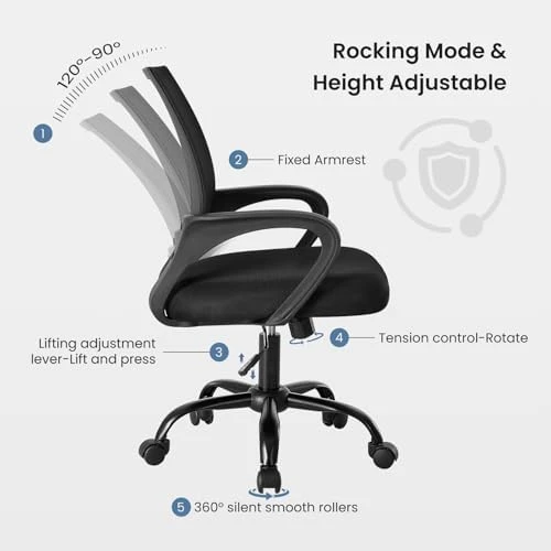 Home Office Chair - Ergonomic Mid Back Mesh Desk Chair with Lumbar Support & Rocking Mode — Smart Chairs, DUMOS