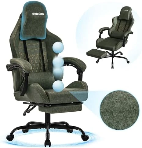Gaming Chair Big and Tall, Green Leather with Footrest, Padded Linkage Armrests & Large Headrest — Smart Chairs, Furnistyle