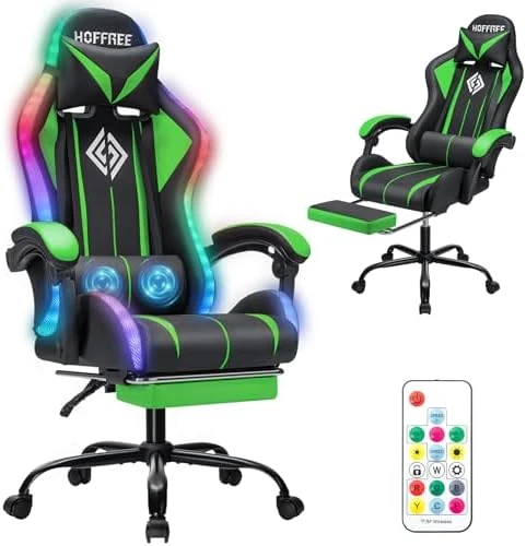 Gaming Chair with LED RGB Lights with Massage and Footrest — Smart Chairs, HOFFREE