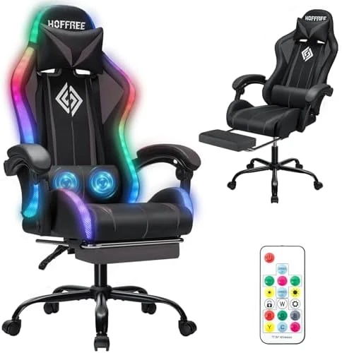 Gaming Chair with LED RGB Lights with Massage and Footrest — Smart Chairs, HOFFREE