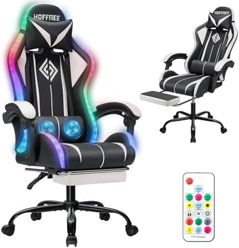 Gaming Chair with LED RGB Lights with Massage and Footrest — Smart Chairs, HOFFREE