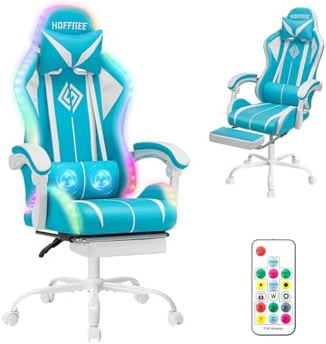 Gaming Chair with LED RGB Lights with Massage and Footrest — Smart Chairs, HOFFREE