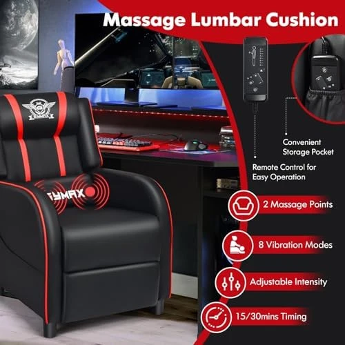 Gaming Recliner with Massage, Adjustable Footrest & Side Pocket — Massage Chairs, GYMAX