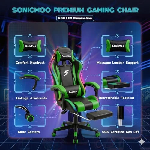 Gaming Chair with RGB LED Lights, Footrest, Lumbar Support & Headrest — Smart Chairs, Yardlift