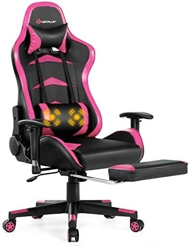 Massage Gaming Chair with Reclining Backrest, Adjustable Handrails and Seat Height, Ergonomic PU Leather Swivel PC Game... — Massage Chairs, Goplus