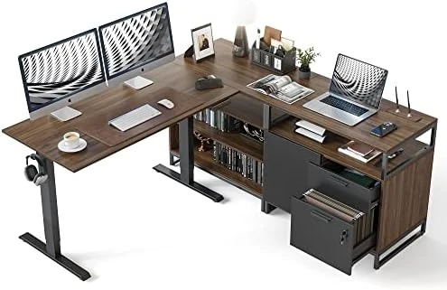 66 Inch L Shaped Standing Desk with Drawers & Shelves — Standing Desk, FEZIBO