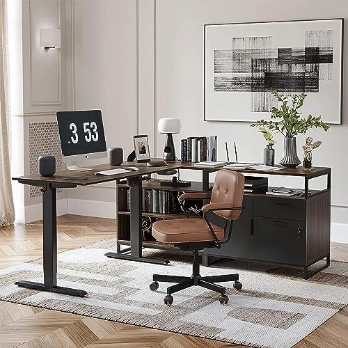 66 Inch L Shaped Standing Desk with Drawers & Shelves — Standing Desk, FEZIBO
