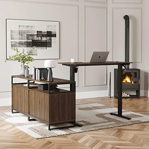 66 Inch L Shaped Standing Desk with Drawers & Shelves — Standing Desk, FEZIBO