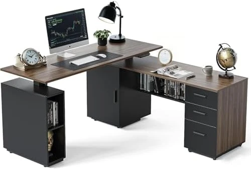 66 Inch L Shaped Standing Desk with Drawers & Shelves — Standing Desk, FEZIBO