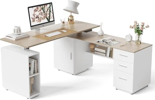 66 Inch L Shaped Standing Desk with Drawers & Shelves — Standing Desk, FEZIBO
