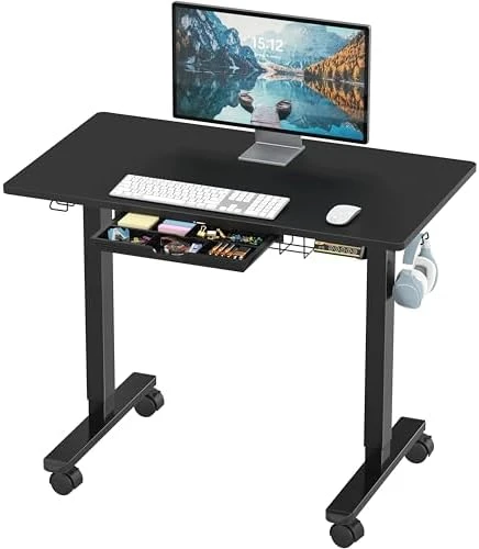 40-Inch Mobile Electric Height Adjustable Sit to Stand Desk with Drawer, Hanging Hooks and Cable Management — Standing Desk, SHW