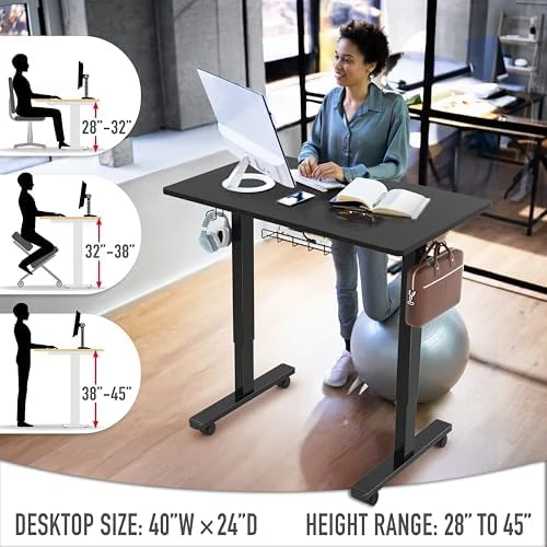 40-Inch Mobile Electric Height Adjustable Sit to Stand Desk with Drawer, Hanging Hooks and Cable Management — Standing Desk, SHW