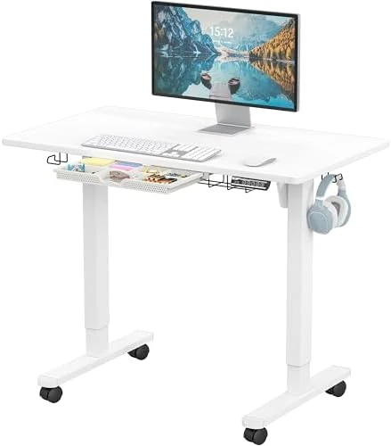 40-Inch Mobile Electric Height Adjustable Sit to Stand Desk with Drawer, Hanging Hooks and Cable Management — Standing Desk, SHW