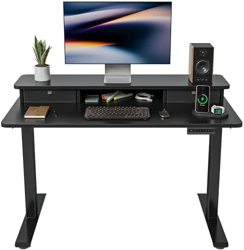 48 x 24 Inch Height Adjustable Electric Standing Desk with Double Drawer and Storage Shelf — Standing Desk, FEZIBO