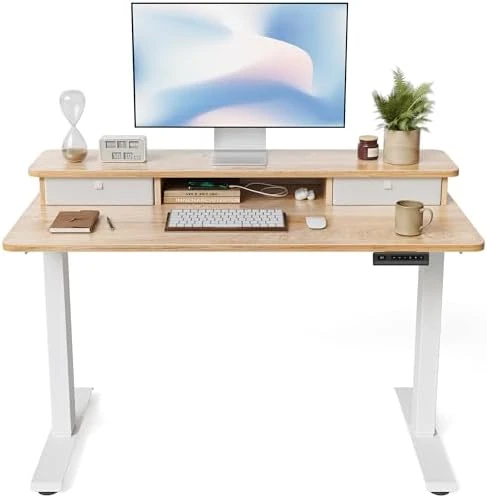 48 x 24 Inch Height Adjustable Electric Standing Desk with Double Drawer and Storage Shelf — Standing Desk, FEZIBO