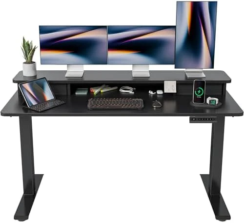48 x 24 Inch Height Adjustable Electric Standing Desk with Double Drawer and Storage Shelf — Standing Desk, FEZIBO