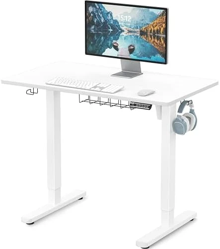 Electric Height Adjustable Sit to Stand Desk with Hanging Hooks and Cable Management — Standing Desk, SHW
