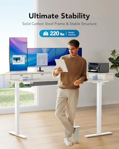 L-Shaped Standing Desk with Power Outlets & LED Strip — Standing Desk, HUANUO