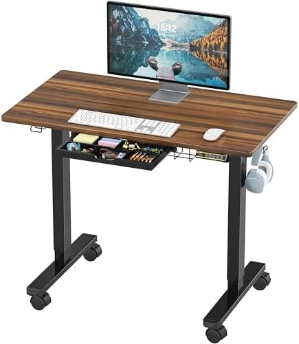 Mobile Electric Height Adjustable Sit to Stand Desk with Drawer, Hanging Hooks and Cable Management — Standing Desk, Visit the SHW Store