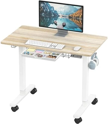 Mobile Electric Height Adjustable Sit to Stand Desk with Drawer, Hanging Hooks and Cable Management — Standing Desk, Visit the SHW Store
