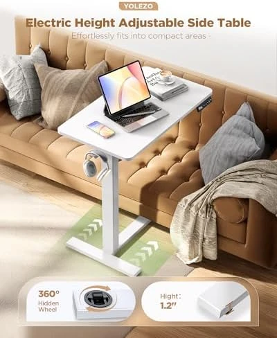 Overbed Bedside Table with Wheels, Electric Standing Desk Adjustable Height — Standing Desk, YOLEZO