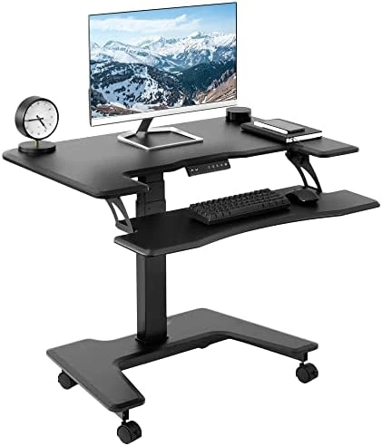 White Electric Mobile Height Adjustable 36 inch Dual Platform Standing Desk with Wheels — Standing Desk, VIVO