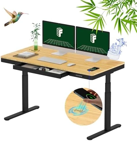 55" Bamboo Standing Desk, Dual Motor 3 Stages Adjustable Height Electric Computer Workstation with Wireless Charging,... — Standing Desk, FLEXISPOT