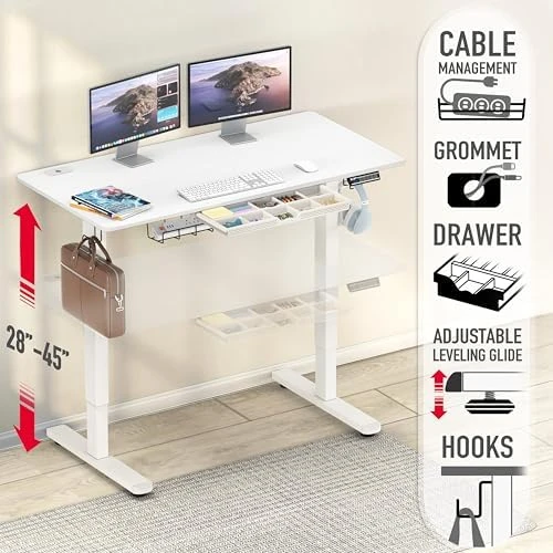 Electric Height Adjustable Standing Desk with Drawer, Memory Preset and Cable Management Tray — Standing Desk, SHW