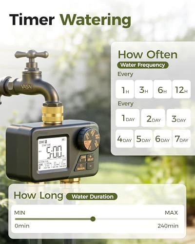Brass Sprinkler Timer 2 Zone, IP66 Waterproof Programmable Water Hose Timer 2 Outlet with Large Display — Irrigation System, Diivoo
