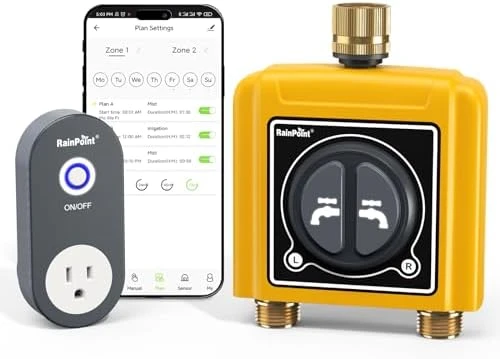 WiFi Water Timer with Brass Inlet & Outlet, 2 Zone, RainPoint