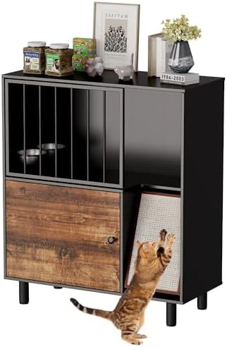 Cat Feeding Station Furniture with Storage and Scratching Board — Automatic Pet Feeder, Qiaoxuan