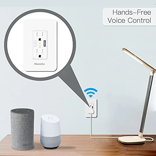 Smart Power Wall Outlet with USB, WiFi Socket with 2 Plug Outlets 15 Amp Divided Control — Smart Plug, MoesGo