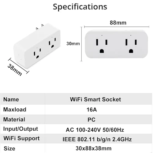16A WiFi Dual Smart Outlet Plug with 2 Independent Control Sockets — Smart Plug, RODOT