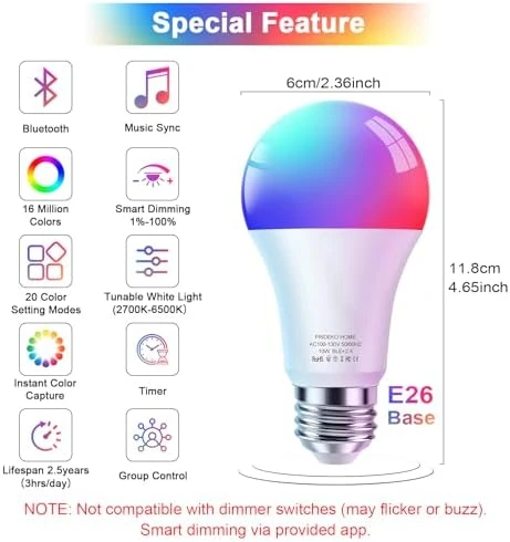 Smart Light Bulbs - Dimmable Color Changing Light Bulb with Bluetooth Music Sync — Smart Light Bulb, FRIDEKO HOME