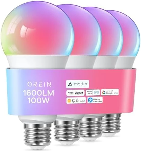 Matter Smart Light Bulb, 1600 Lumens 100W Equivalent, Color Changing, 2 Pack — Smart Light Bulb, OREiN