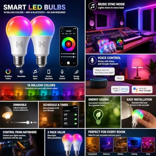 Smart Light Bulbs 2 Pack, A19 Color Changing LED (800 Lumens), WiFi & Bluetooth, Music Sync, Compatible with Alexa &... — Smart Light Bulb, Homefy