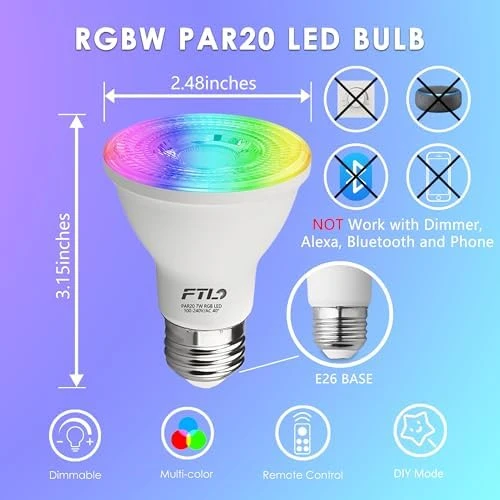 PAR20 LED Bulbs Color Changing with Remote Control — Smart Light Bulb, FTL
