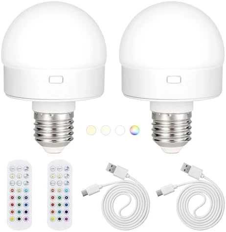 2 Pack Rechargeable LED Light Bulbs with Remote — Smart Light Bulb, JIOODICH