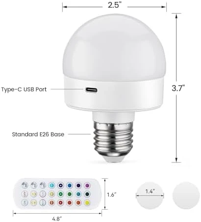 2 Pack Rechargeable LED Light Bulbs with Remote — Smart Light Bulb, JIOODICH
